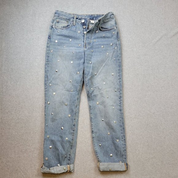 H&M &Denim Vintage Fit High Waist Jeans Womens 27 Studded Light Wash Button Fly - Picture 1 of 11